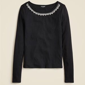 J. Crew Black Long Sleeve Top with Embellished Neckline